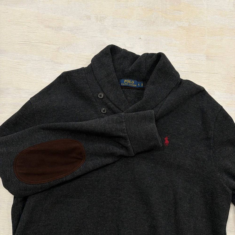 Polo Ralph Lauren Shawl Neck Sweatshirt L Elbow Patches Charcoal Grey Mens